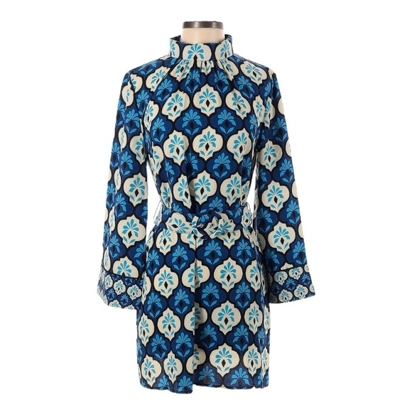 Zara Retro Belted Mini Dress XS NWT Blue 60s 70s Mod Print Long Sleeve High Neck - Picture 1 of 12